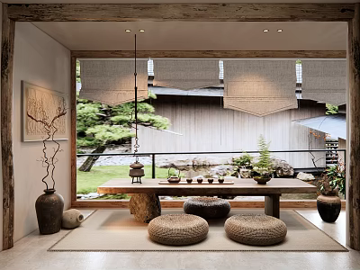 Traditional Tea Room Interior With Wooden Table Woven Cushions Clay Vases And Garden Greenery 3d model