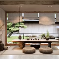 Traditional Tea Room Interior With Wooden Table Woven Cushions Clay Vases And Garden Greenery