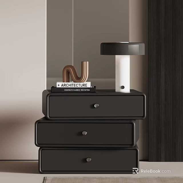 Black Drawer Bedside Table With Architecture Books Table Lamp And Decorative N 3d model 