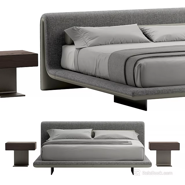 Modern Minimalist Double Bed With Upholstered Headboard Gray Bedding And Wooden Bedside Tables 3d model 