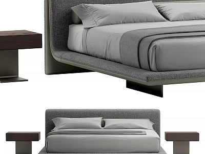 Modern Minimalist Double Bed With Upholstered Headboard Gray Bedding And Wooden Bedside Tables 3d model