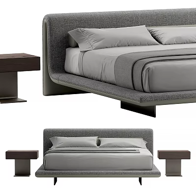 Modern Minimalist Double Bed With Upholstered Headboard Gray Bedding And Wooden Bedside Tables 3d model