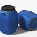 Industrial Equipment Blue Plastic Drums Standing and Tilted with Black Lids and Metal Handles
