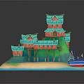 Cartoon Scene With Red Multi tiered Pagoda Buildings Turquoise Roofs Boats And Sandy Beach