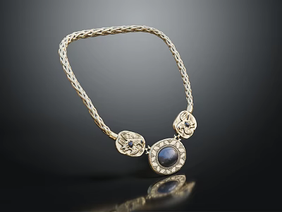 Elegant Braided Gold Necklace With Blue Gemstone And Ornate Decorative Pendants Design 3d model