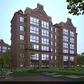 Modern Multi Story Red Brick Residential Building Featuring Large Windows And Greenery Surrounding