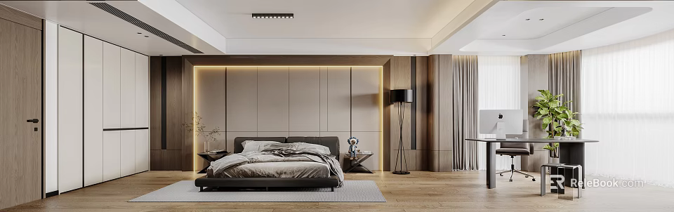 Modern Elegant Bedroom Interior Design With Headboard Wall Floor Lamp And Wooden Floor 3d model 