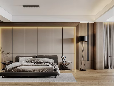 Modern Elegant Bedroom Interior Design With Headboard Wall Floor Lamp And Wooden Floor 3d model