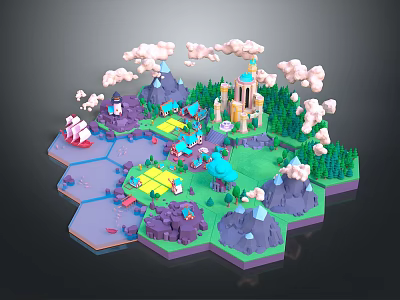 Fantasy Island Scene With Castle Mountains Trees And Fluffy Clouds 3d model