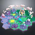Fantasy Island Scene With Castle Mountains Trees And Fluffy Clouds