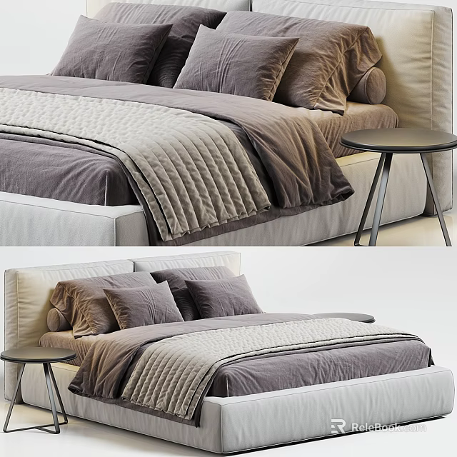 Modern Double Bed With Gray Bedding Pillows And Sleek Side Table Setup 3d model 