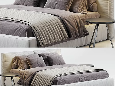 Modern Double Bed With Gray Bedding Pillows And Sleek Side Table Setup 3d model