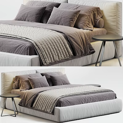 Modern Double Bed With Gray Bedding Pillows And Sleek Side Table Setup 3d model