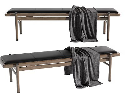 Wooden Frame Bench With Black Cushion And Gray Blanket On Top 3d model