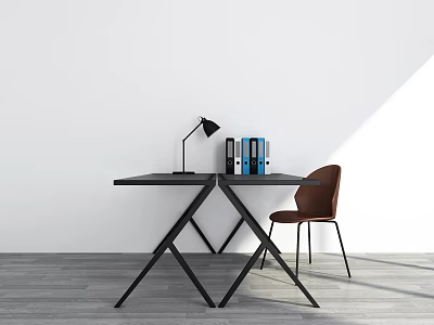 Modern Desk Interior With Black Lamp Blue Black Folders Brown Chair White Wall Gray Floor 3d model