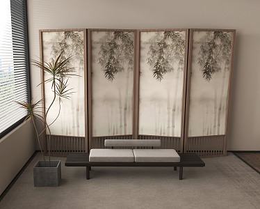 New Chinese Screen Partition Folding Screen Rattan Screen 3d model