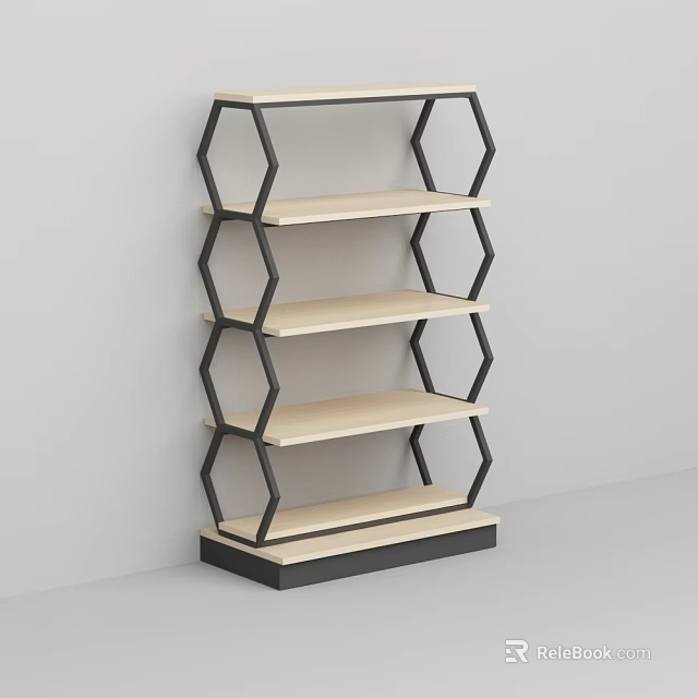 Modern Hexagonal Shelving Unit with Black Metal Frame and Beige Wooden Shelves 3d model 