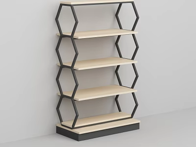 Modern Hexagonal Shelving Unit with Black Metal Frame and Beige Wooden Shelves 3d model