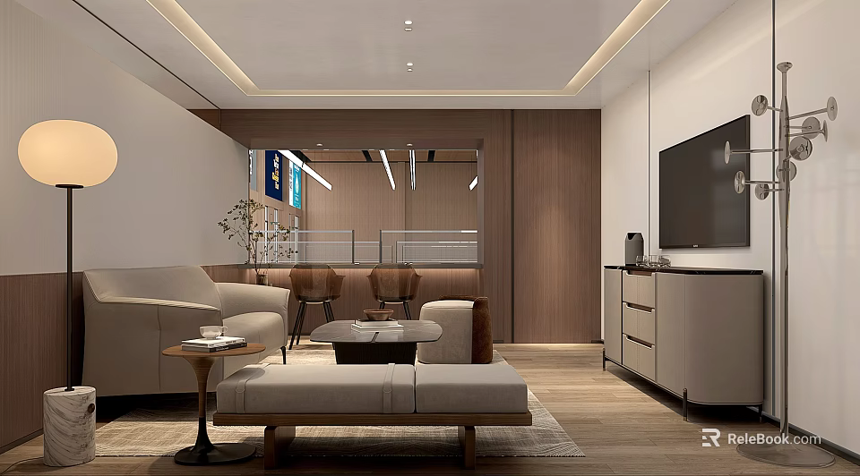 Modern Open Living Room Interior With Sofa Coffee Table TV Plants And Wooden Accents 3d model 