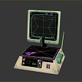 Vintage Electronic Device With Screen Antenna Control Panel Green Indicators And Purple Logo