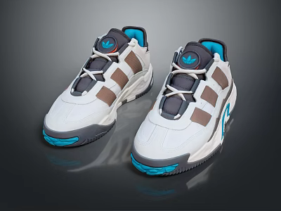 White Low Top Sneakers With Gray And Brown Panels Blue Soles And Gray Laces 3d model