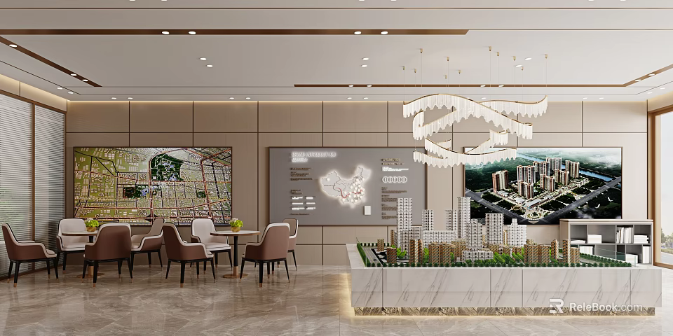 Modern Sales Office Interior With Building Model Layout Map and Furniture 3d model 