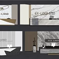 Modern Reception Background Wall Interior Design With Company Logo Marble Desk And Metal Strips