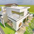 Modern Single Family House Exterior With Large Glass Windows And Greenery Courtyard