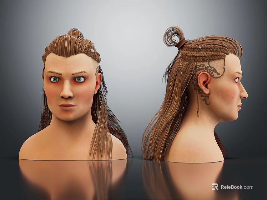 Game and Movie Character With Long Braided Hair Bun And Red Eyes Front Side Views 3d model 