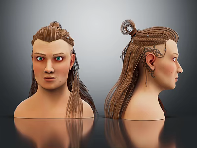 Game and Movie Character With Long Braided Hair Bun And Red Eyes Front Side Views 3d model
