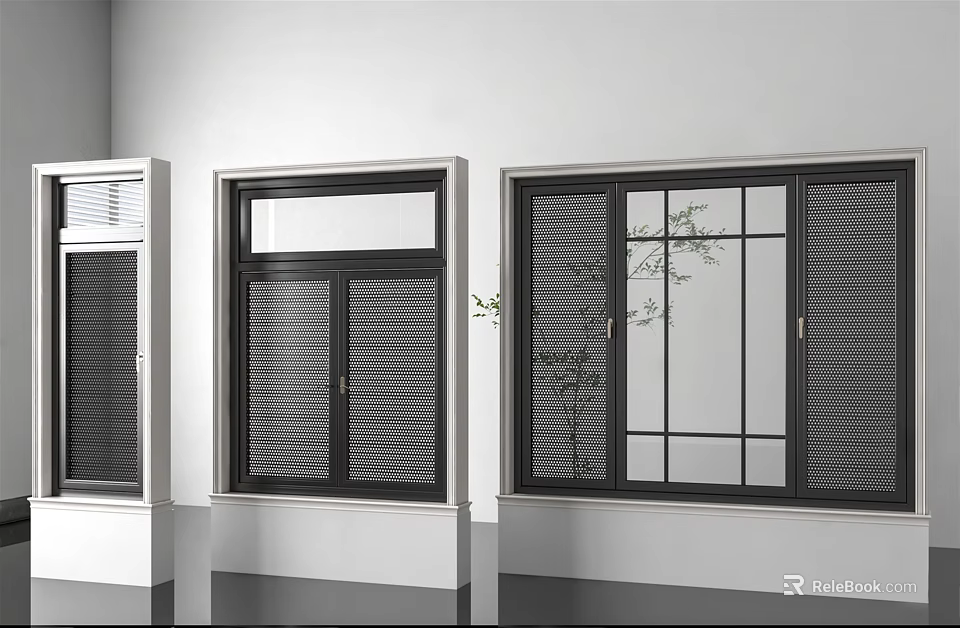 Modern Casement Windows With Black Frames And Glass Panels In Indoor Setting 3d model 
