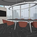 Modern Break Room Interior Design With White Long Table Gray Chairs And Red Cabinets 3d model