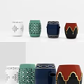 Various Decorative Stools Featuring Intricate Cutouts Geometric Patterns Gold Trims And Tassel Details