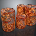 Four Rusty Metal Barrels With Different Sizes Industrial Storage Equipment Weathered Surfaces