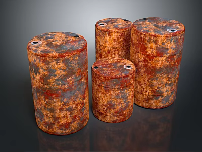 Four Rusty Metal Barrels With Different Sizes Industrial Storage Equipment Weathered Surfaces 3d model