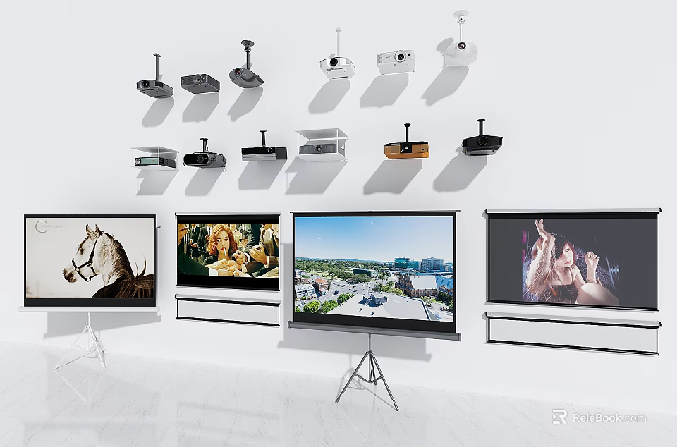 Various Types of Projection Monitoring Projectors and Screens Displaying Clear 3d model 