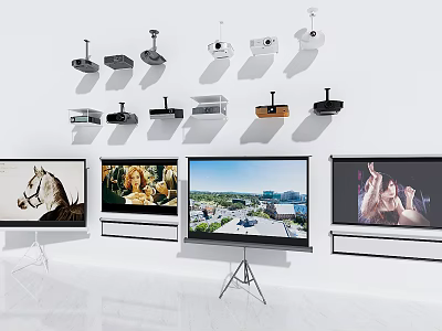 Various Types of Projection Monitoring Projectors and Screens Displaying Clear 3d model