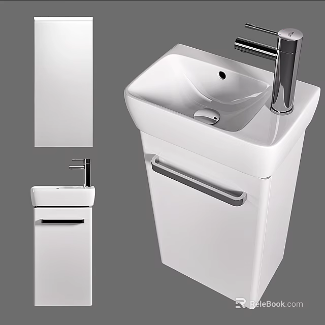 Modern White Ceramic Pedestal Washbasin With Sleek Faucet And Drawer Design 3d model 