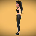 Stylish Female Character In Black Tight Outfit With Black Shoes Against Yellow Background