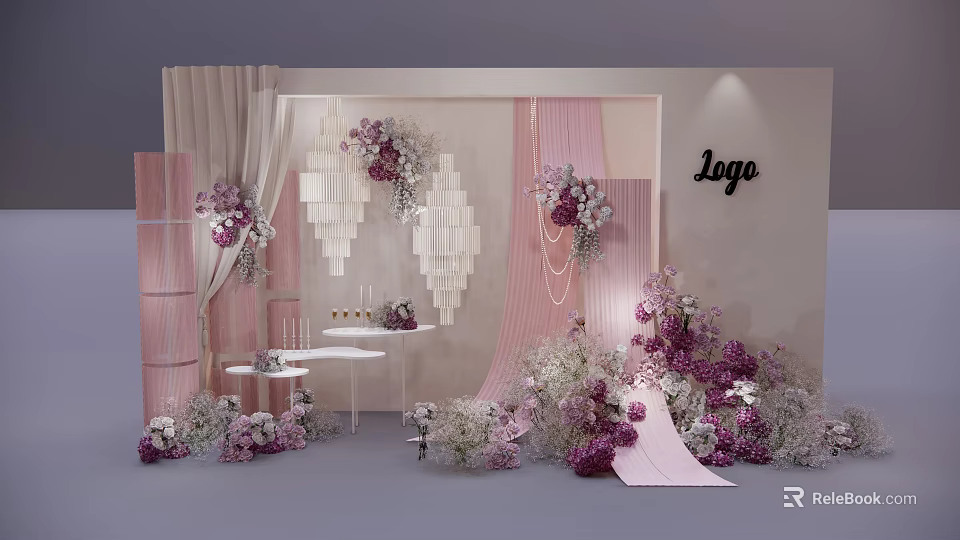 Stylish Photo Spot Setup With Pink Purple Flowers And White Backdrop Decorations 3d model 