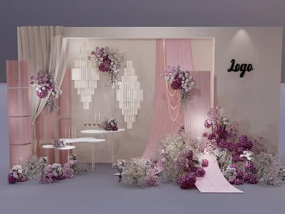 Stylish Photo Spot Setup With Pink Purple Flowers And White Backdrop Decorations 3d model