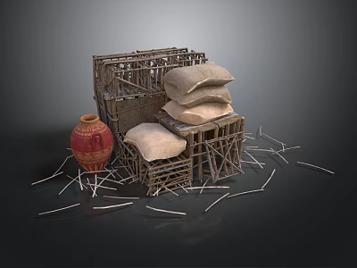 Rustic Storage Scene With Wooden Crates Stacked Sacks Ceramic Vase And Scattered Sticks 3d model