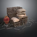 Rustic Storage Scene With Wooden Crates Stacked Sacks Ceramic Vase And Scattered Sticks