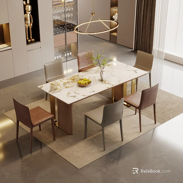 Modern Dining Table Set With Marble Top And Six Gray Brown Chairs In Living Area 3d model 