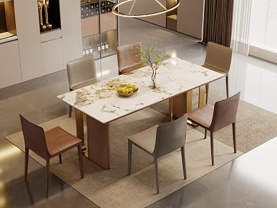 Modern Dining Table Set With Marble Top And Six Gray Brown Chairs In Living Area 3d model
