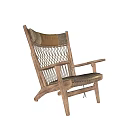 Modern Wooden Lounge Chair Featuring Woven Rope Design And Padded Seat Backrest
