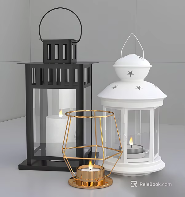 Stylish Decorative Lanterns With Black Gold White Colors Star Patterns And Candle Lights 3d model 