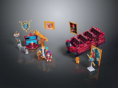 Toy Building Blocks Scene Components With Red Seats Banners Figures And Decorative Paintings 3d model