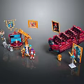 Toy Building Blocks Scene Components With Red Seats Banners Figures And Decorative Paintings