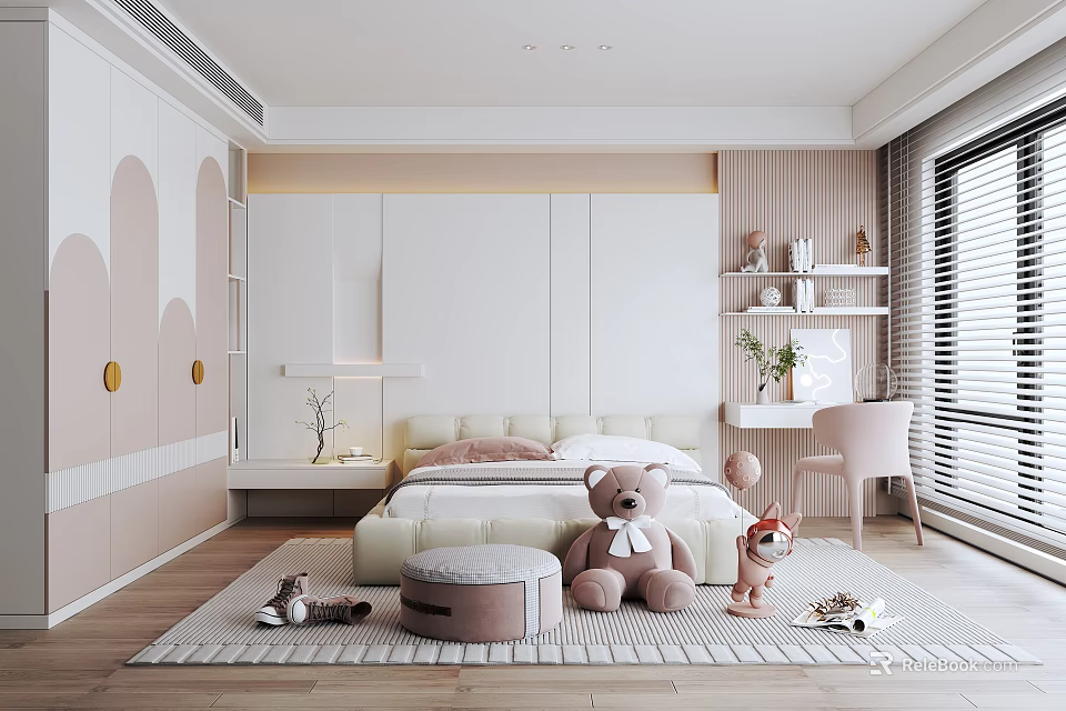 Pink White Kids Room Interior With Bed Desk Cabinet Plush Teddy Bear Fox And Rug 3d model 